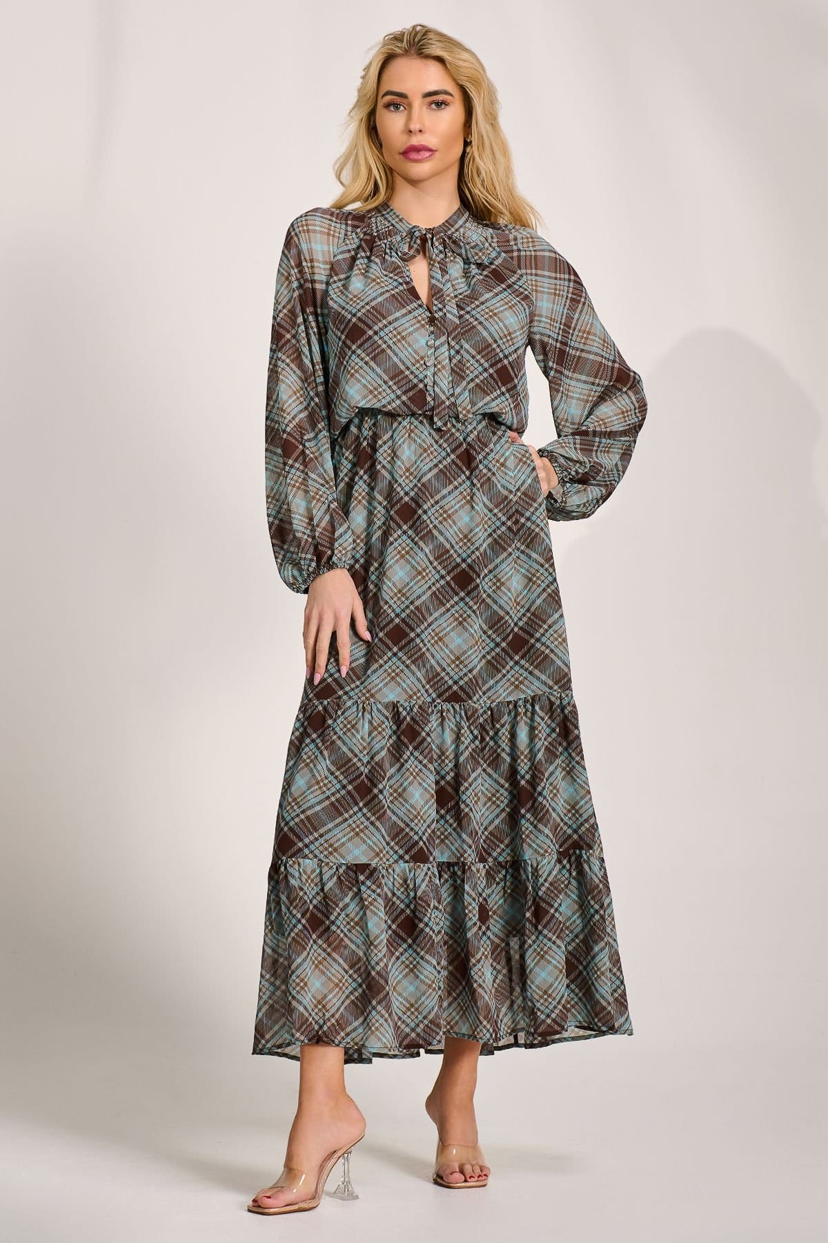 Jolie Moi Jolie Moi Women's Chiffon Long Sleeve Tiered Maxi Dress in Dark Brown - 4