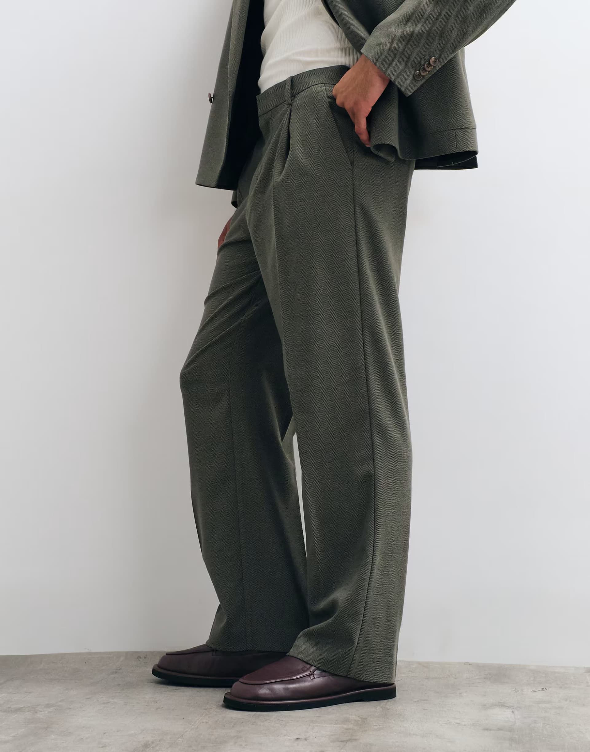 ASOS ASOS DESIGN wide suit trouser with wool in green herringbone