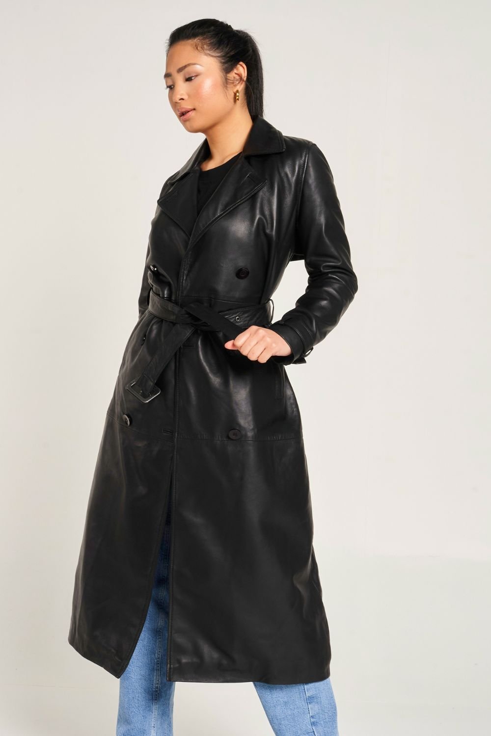 Barneys Originals Barneys Originals Women's Real Leather Trench Coat in Black - 1
