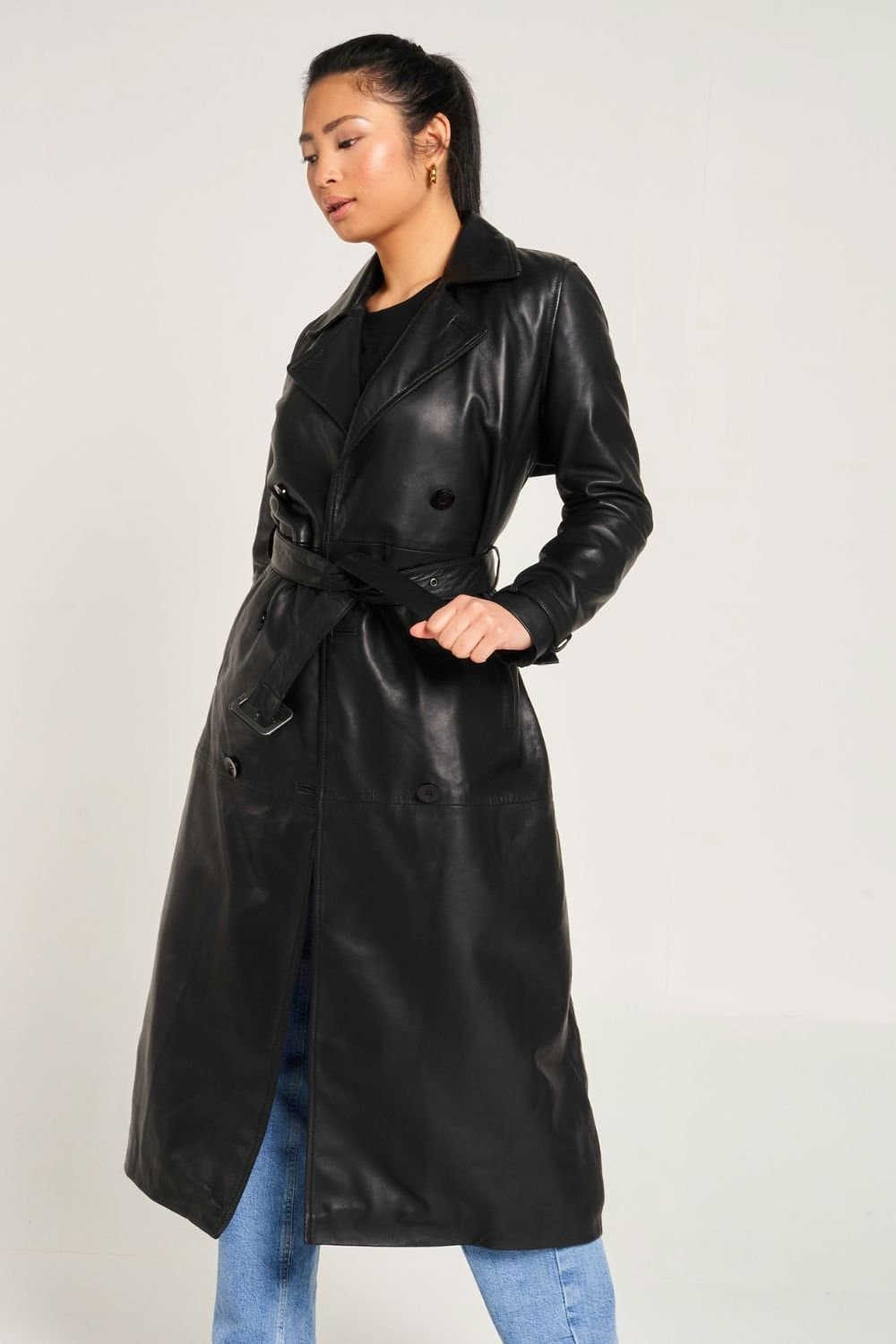 Barneys Originals Barneys Originals Women's Real Leather Trench Coat in Black