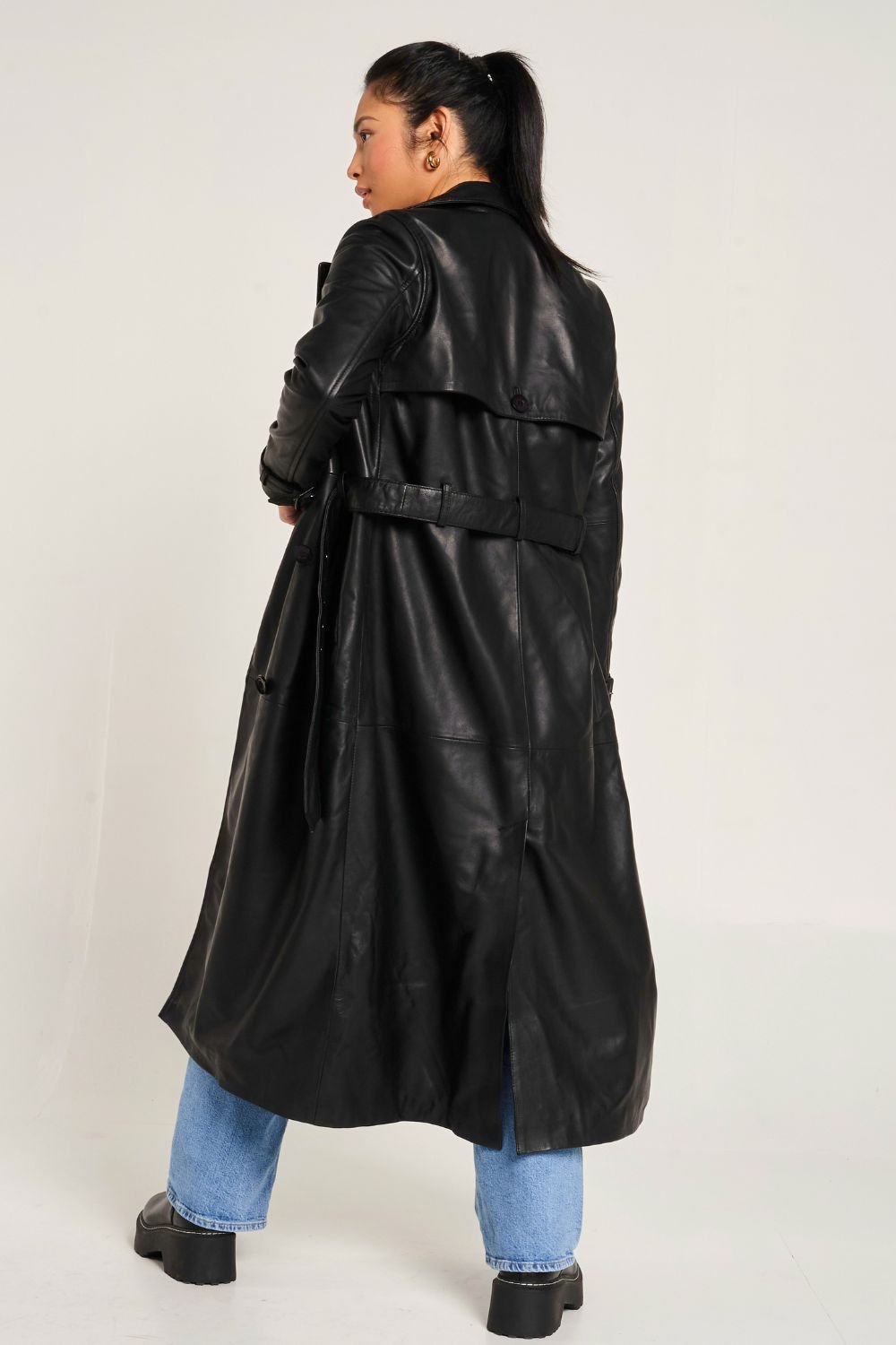 Barneys Originals Barneys Originals Women's Real Leather Trench Coat in Black - 3