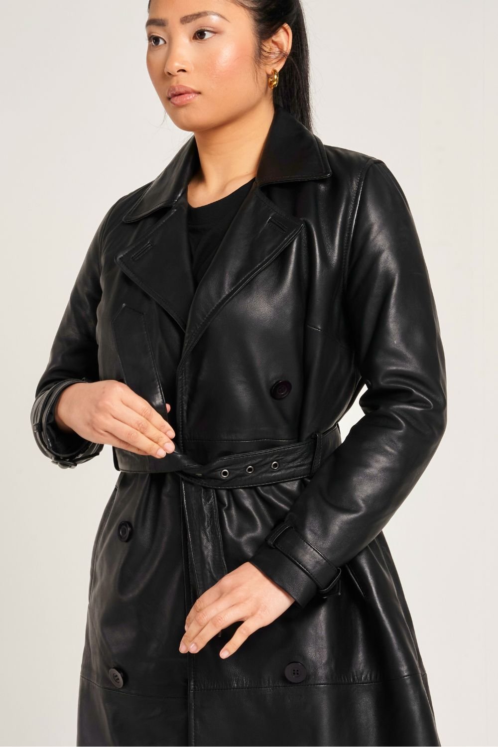 Barneys Originals Barneys Originals Women's Real Leather Trench Coat in Black - 4