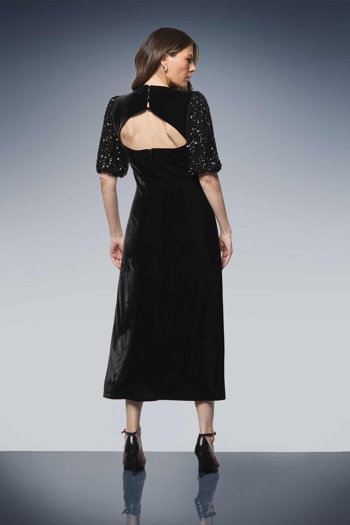 Wallis Wallis Women's Sequin Puff Sleeve Velvet Tie Back Midi Dress in Black - 3