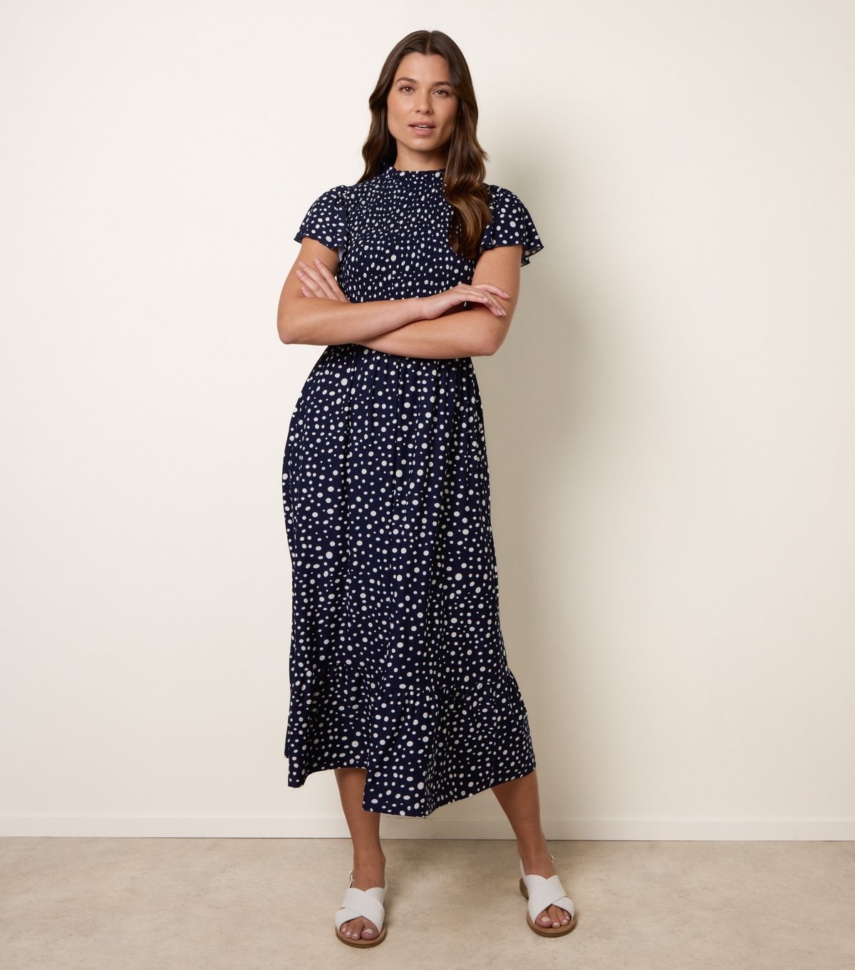 Blue Vanilla Women's Navy Spotty Shirred Midi Dress Blue Vanilla New Look - 3