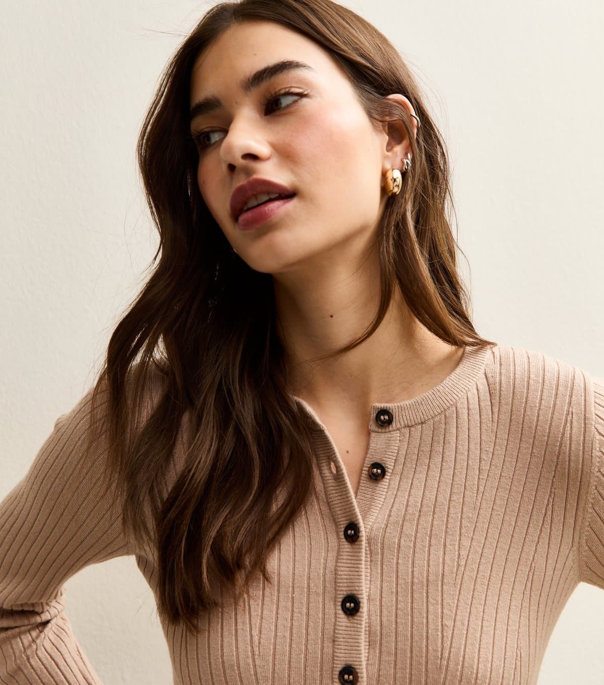 New Look Women's Camel Lightweight Ribbed Knit Button Placket Jumper New Look
