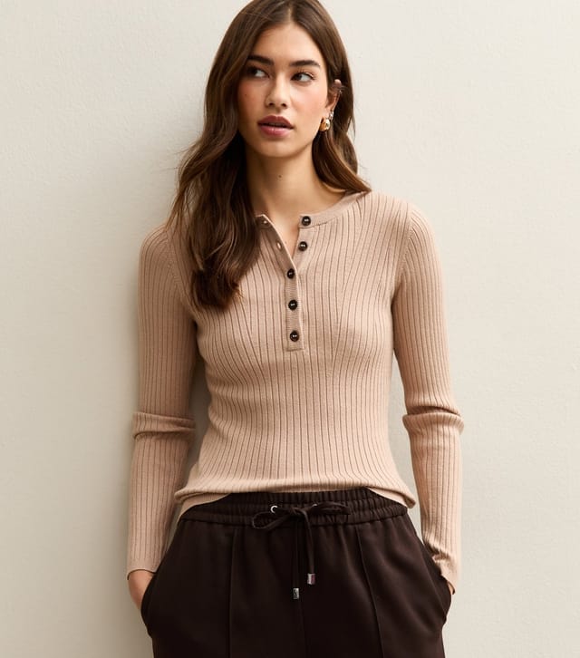 New Look Women's Camel Lightweight Ribbed Knit Button Placket Jumper New Look - 2