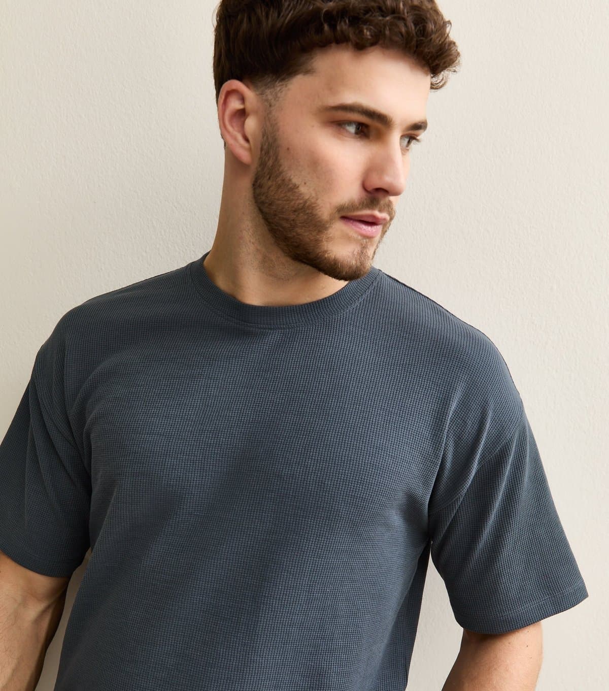 New Look Men's Dark Blue Oversized Waffle Texture T-Shirt New Look