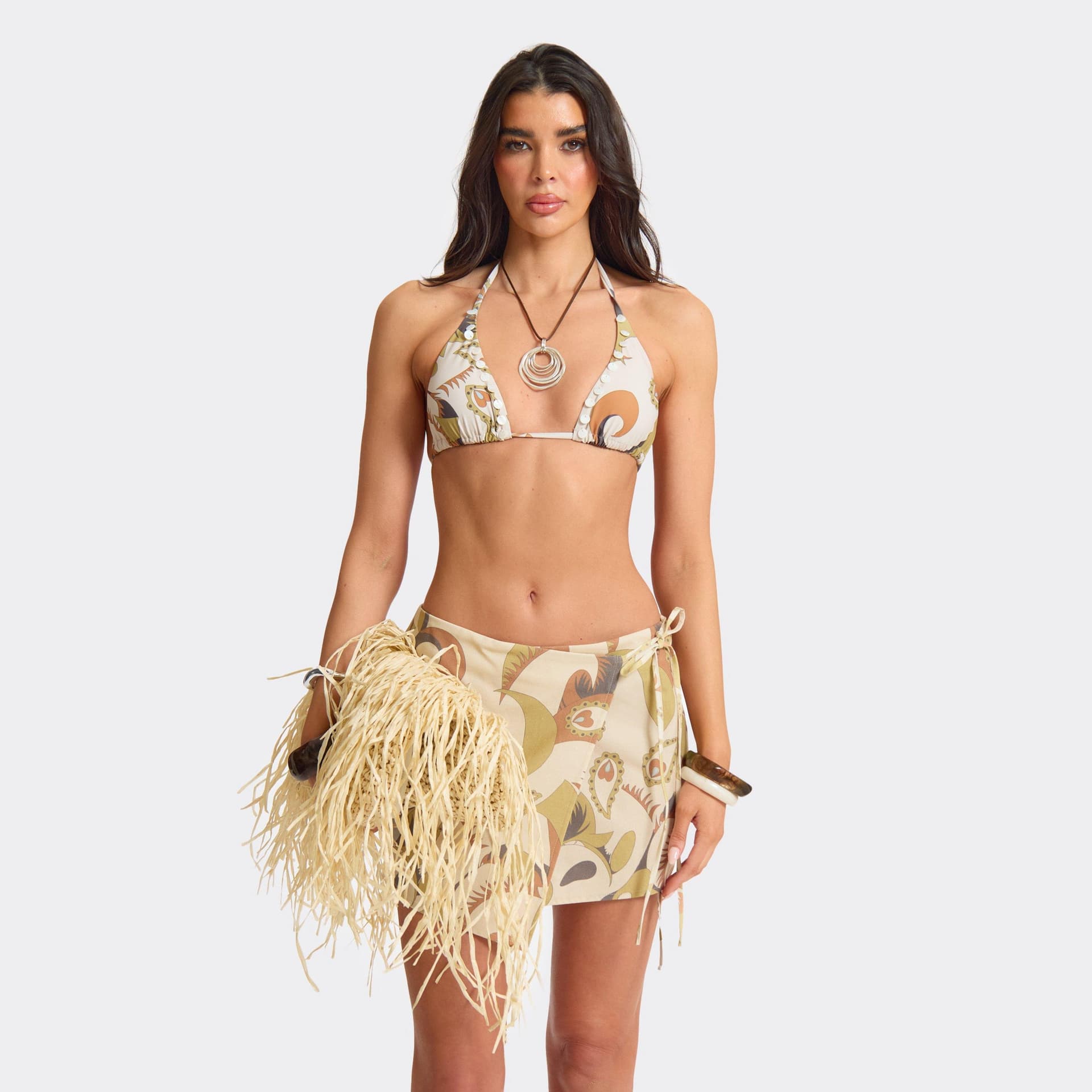 EGO Side Tie Mini Skirt In Multi Printed Linen, Women's Size UK L