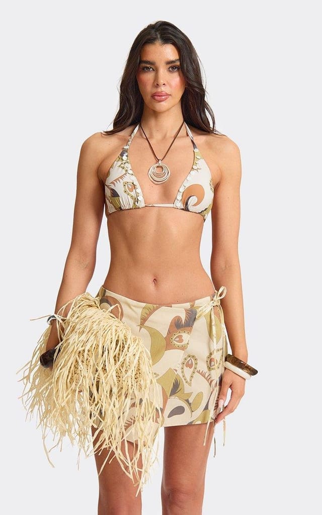 EGO Side Tie Mini Skirt In Multi Printed Linen, Women's Size UK L - 2