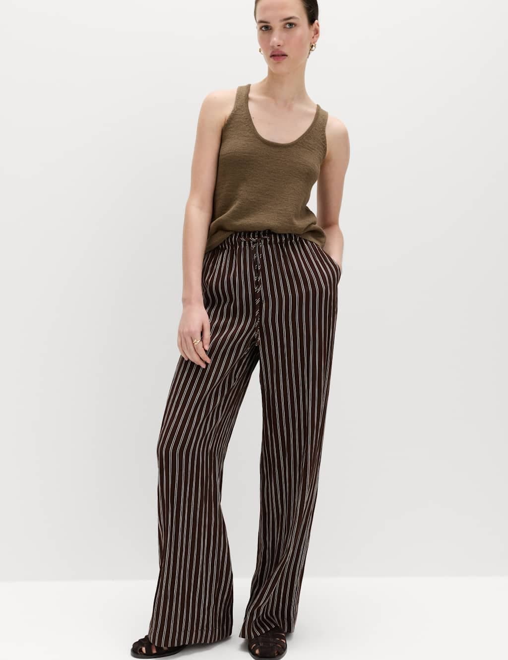 Marks & Spencer M&S Brown Mix Lyocell Rich Drawstring Wide Leg Trousers
