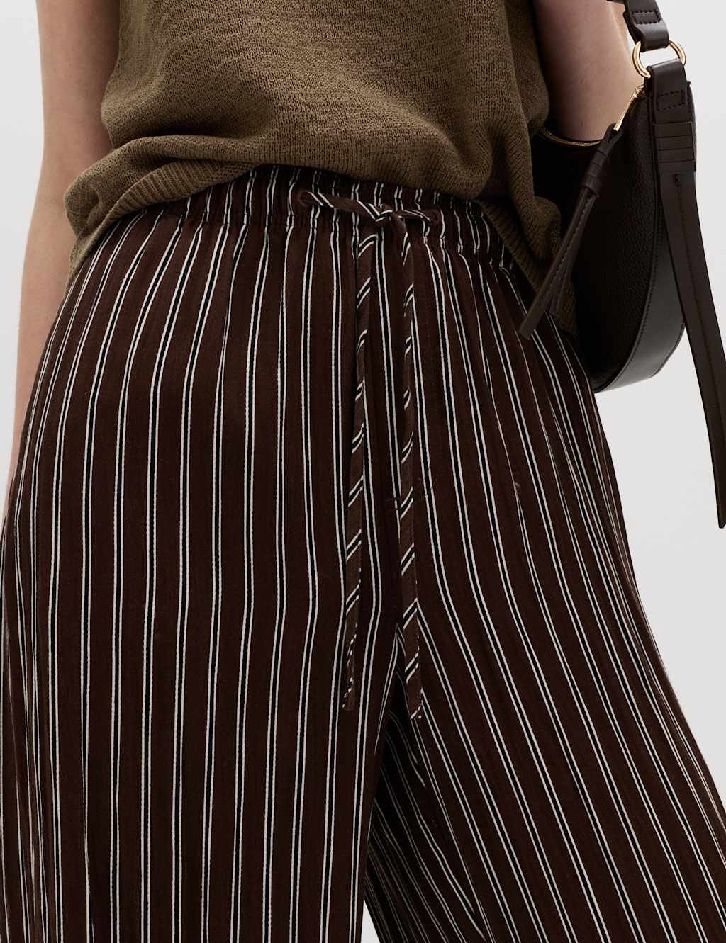 Marks & Spencer M&S Lyocell Rich Drawstring Wide Leg Trousers Brown Mix - 3