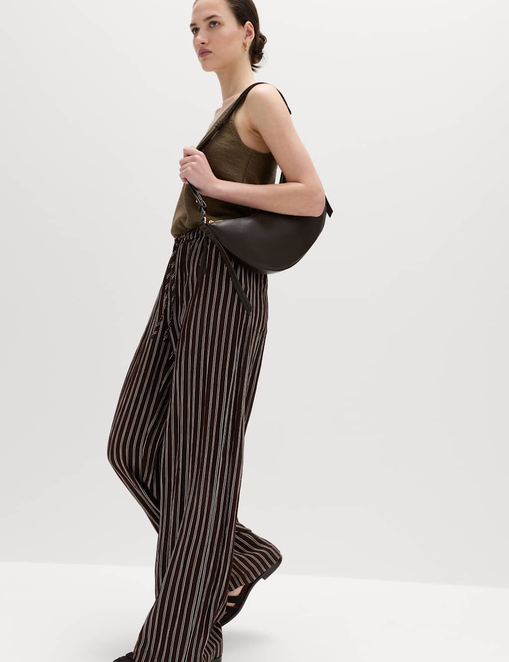 Marks & Spencer M&S Lyocell Rich Drawstring Wide Leg Trousers Brown Mix - 4