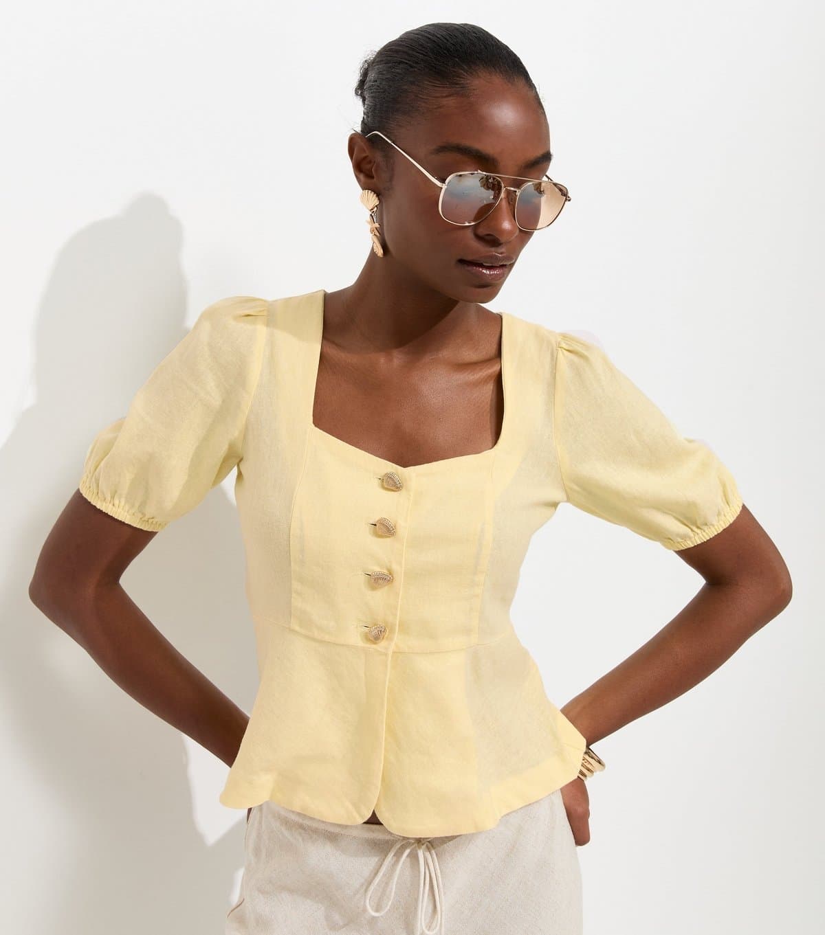 New Look Women's Light Yellow Linen Rich Shell Button Peplum Top New Look