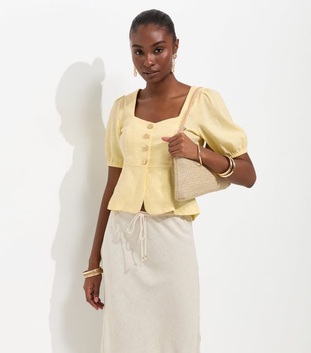New Look Women's Light Yellow Linen Rich Shell Button Peplum Top New Look - 2