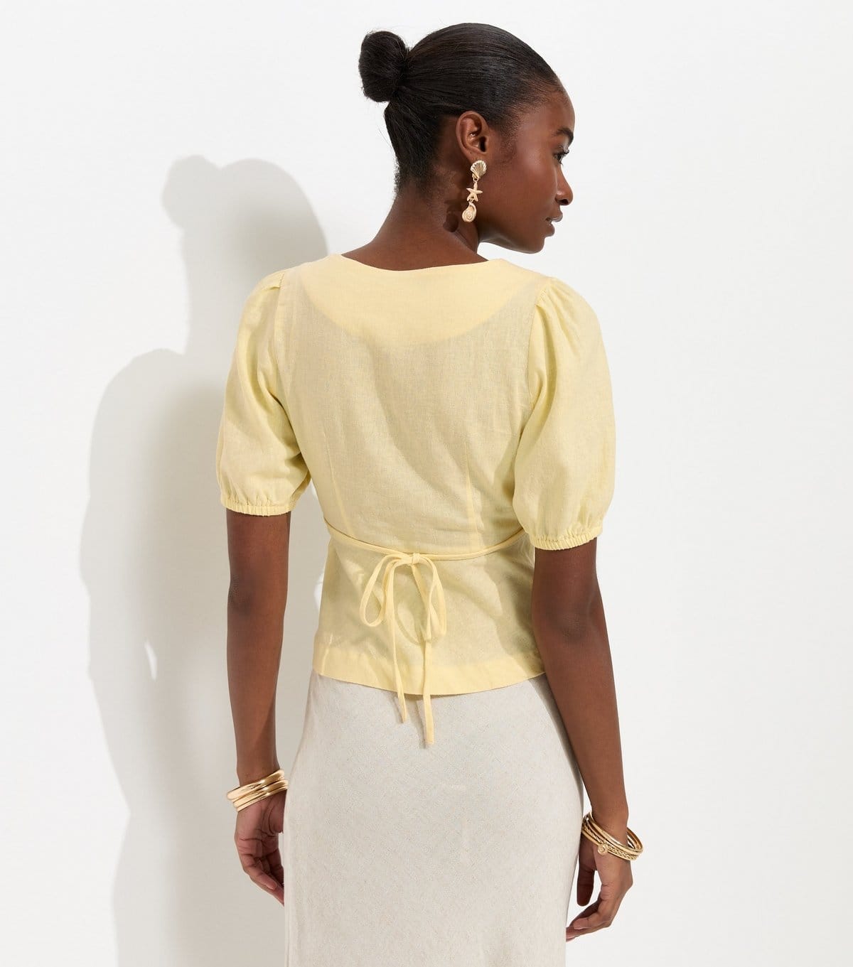 New Look Women's Light Yellow Linen Rich Shell Button Peplum Top New Look - 4