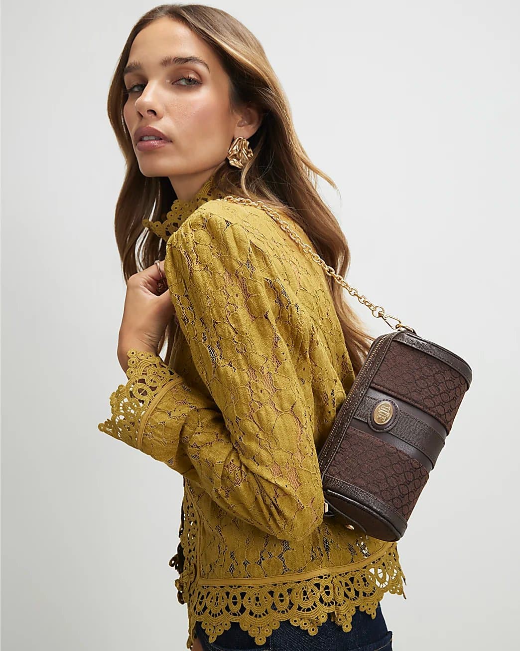 River Island River Island Womens Brown Monogram Jacquard Mini Barrel Bag