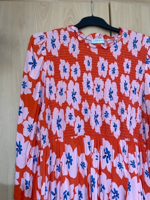 Never Fully Dressed Never Fully Dressed Red Pink Scandi Floral Ruched Long Sleeve Midi Dress