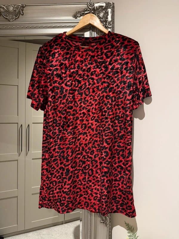 ASOS Red leopard print velvet shift dress with shoulder pads