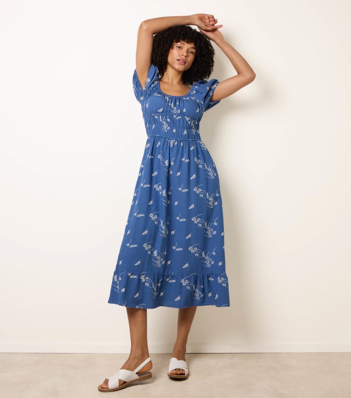 Blue Vanilla Women's Blue Floral Embroidery Milkmaid Midi Dress Blue Vanilla New Look