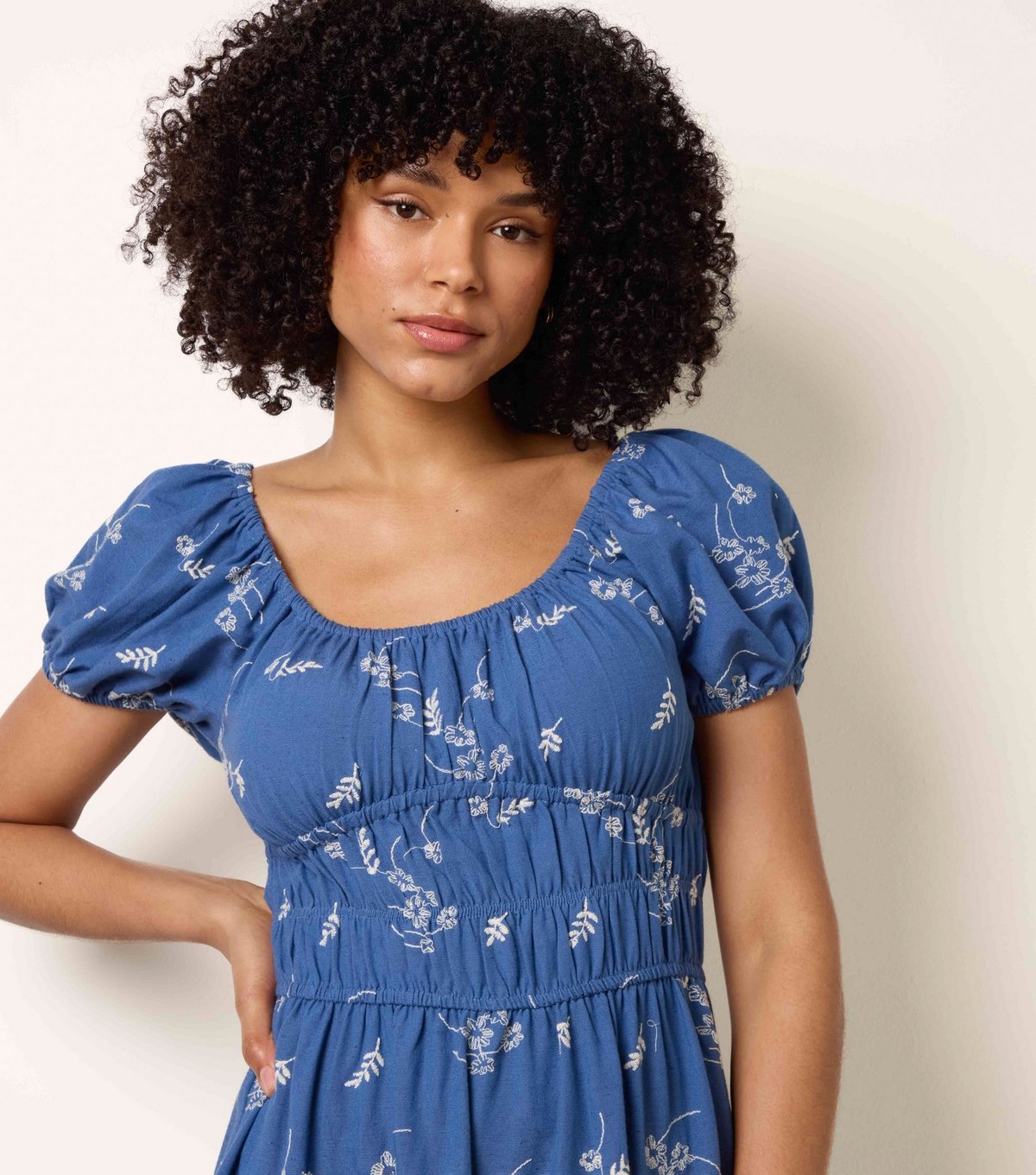 Blue Vanilla Women's Blue Floral Embroidery Milkmaid Midi Dress Blue Vanilla New Look - 2