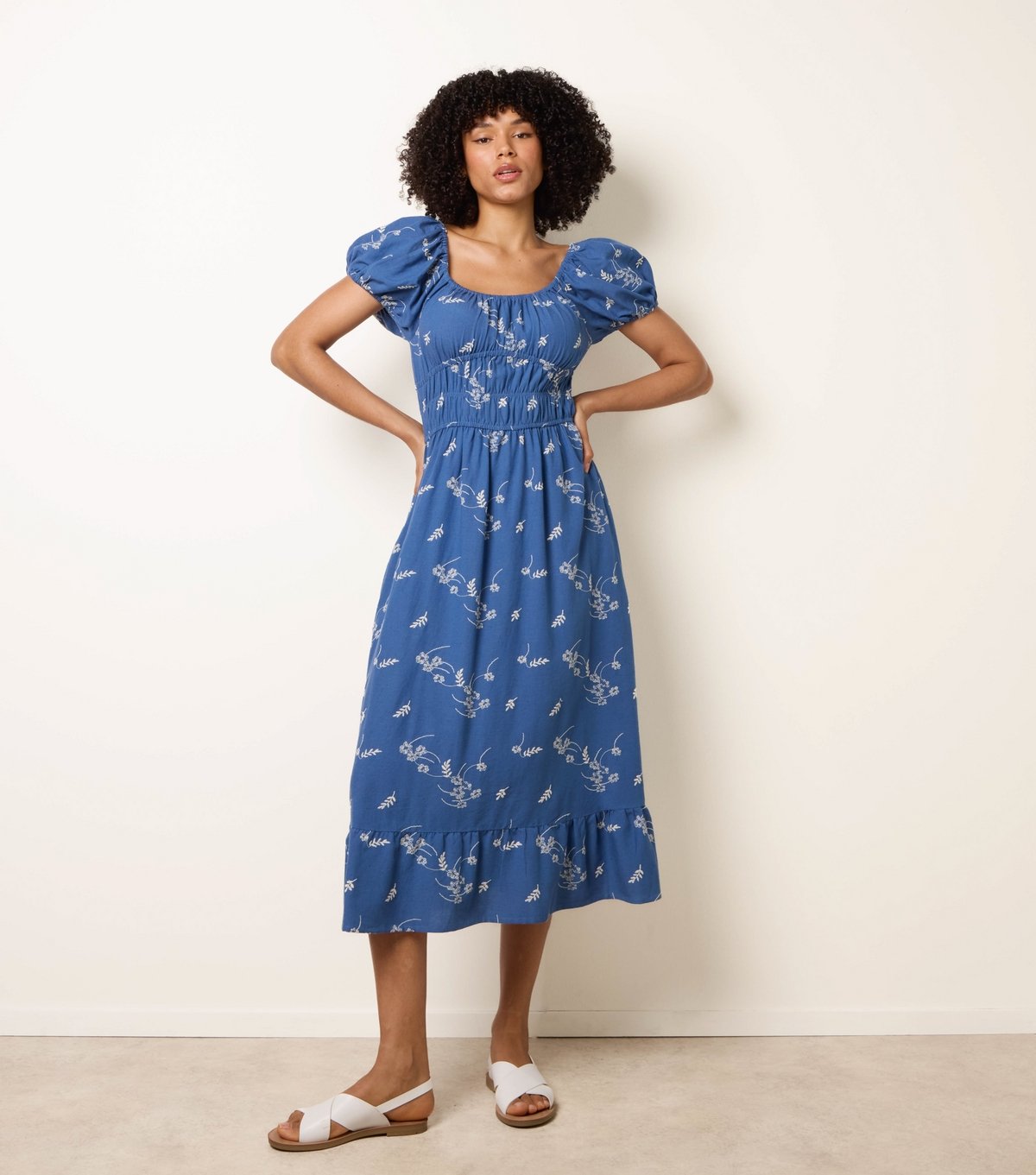 Blue Vanilla Women's Blue Floral Embroidery Milkmaid Midi Dress Blue Vanilla New Look - 3