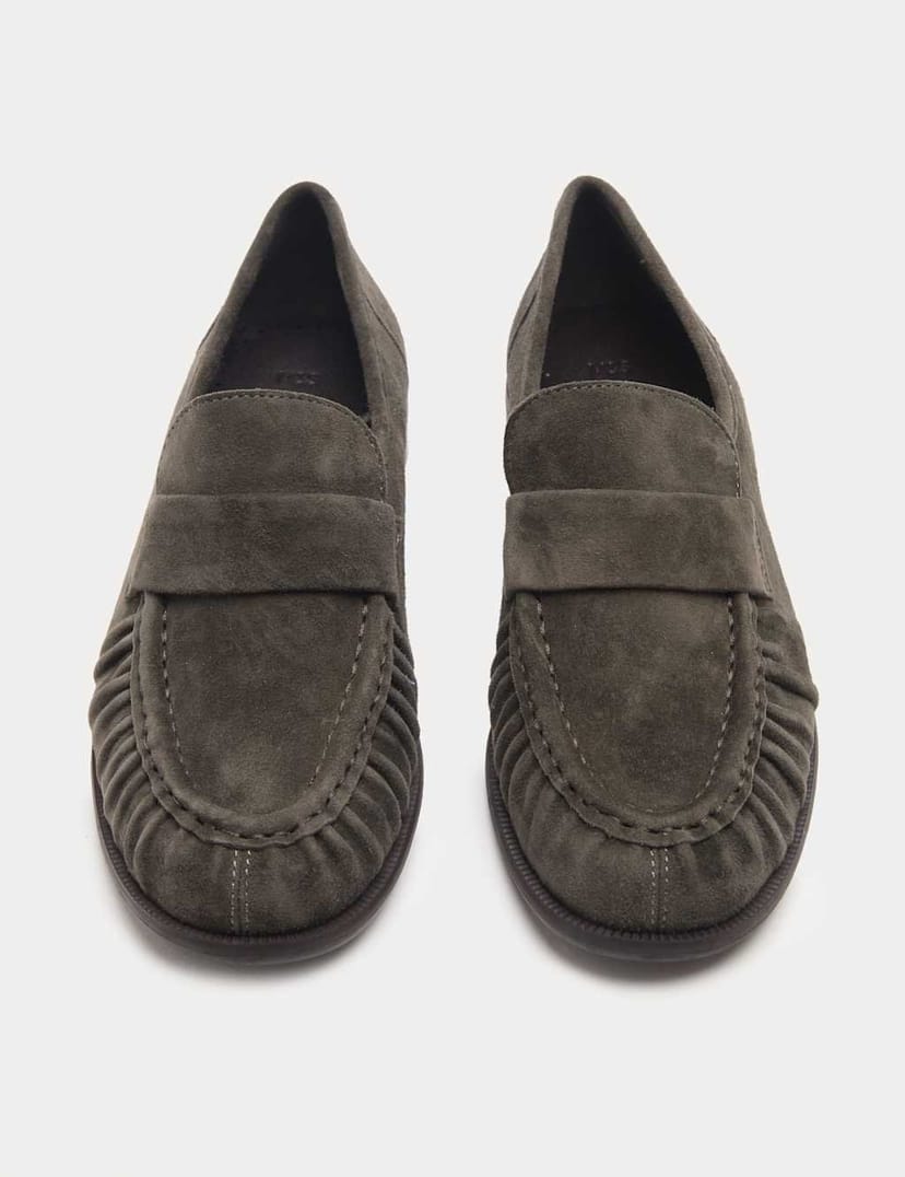 Marks & Spencer M&S Suede Ruched Block Heel Loafers Dark Grey - 1