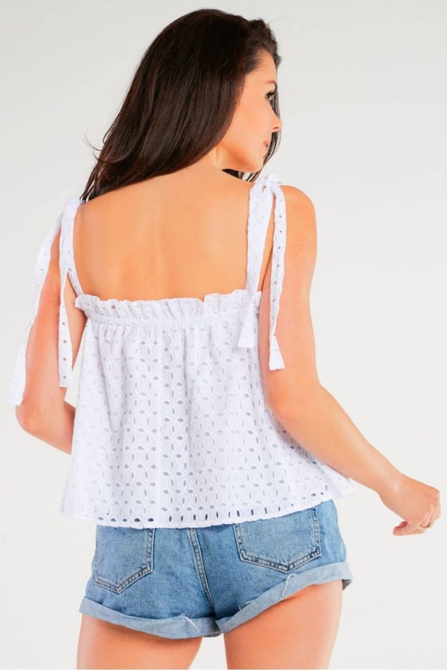 Love Lace Love Lace Women's Openwork Loose Blouse With Tie Straps in White - 3