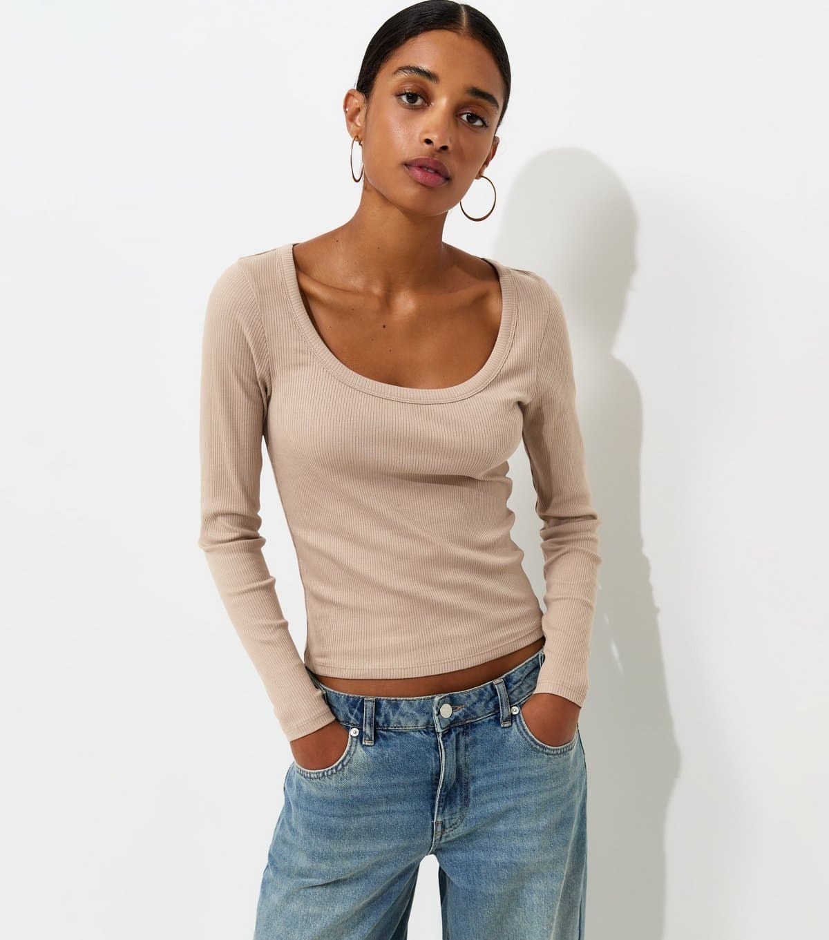 New Look Women's Mink Cotton Rich Long Sleeve Ribbed Scoop Neck Top New Look