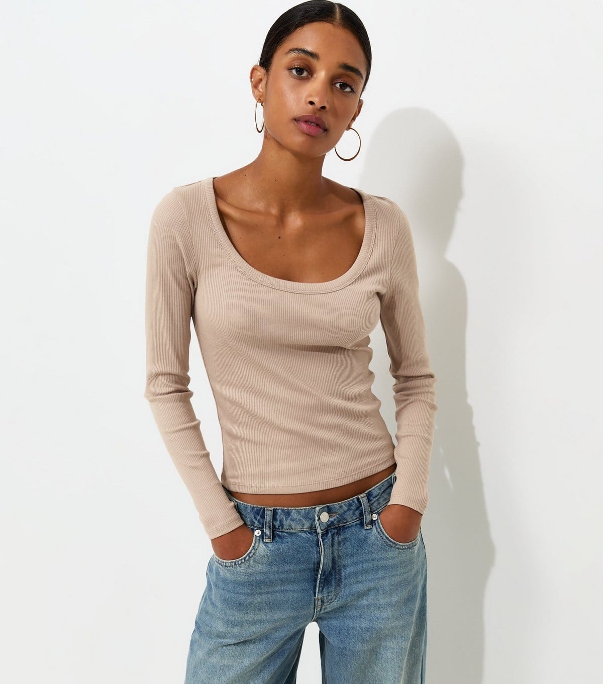 Women's Mink Cotton Rich Long Sleeve Ribbed Scoop Neck Top New Look