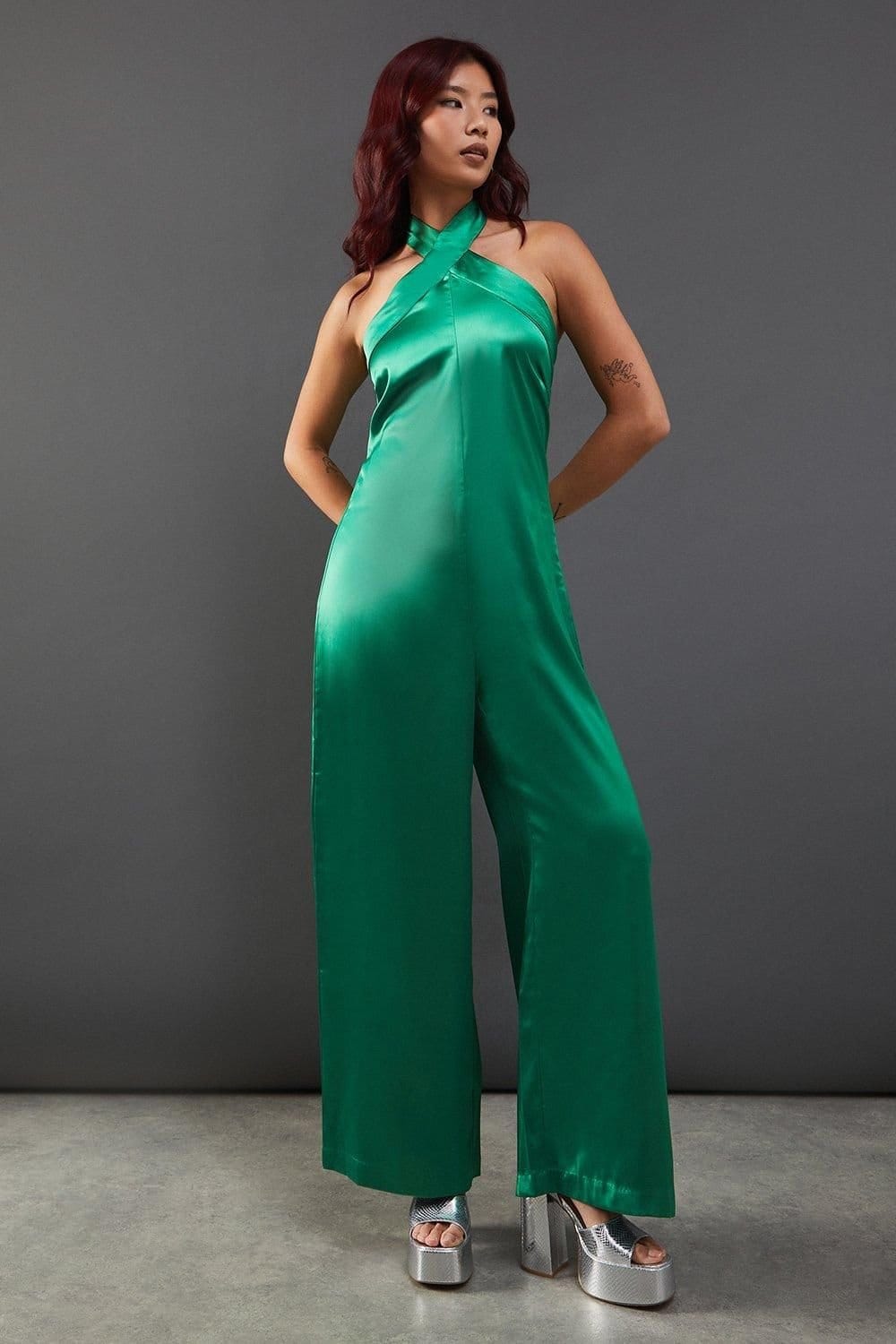 Warehouse Warehouse Women's Satin Halterneck Jumpsuit in Green - 1