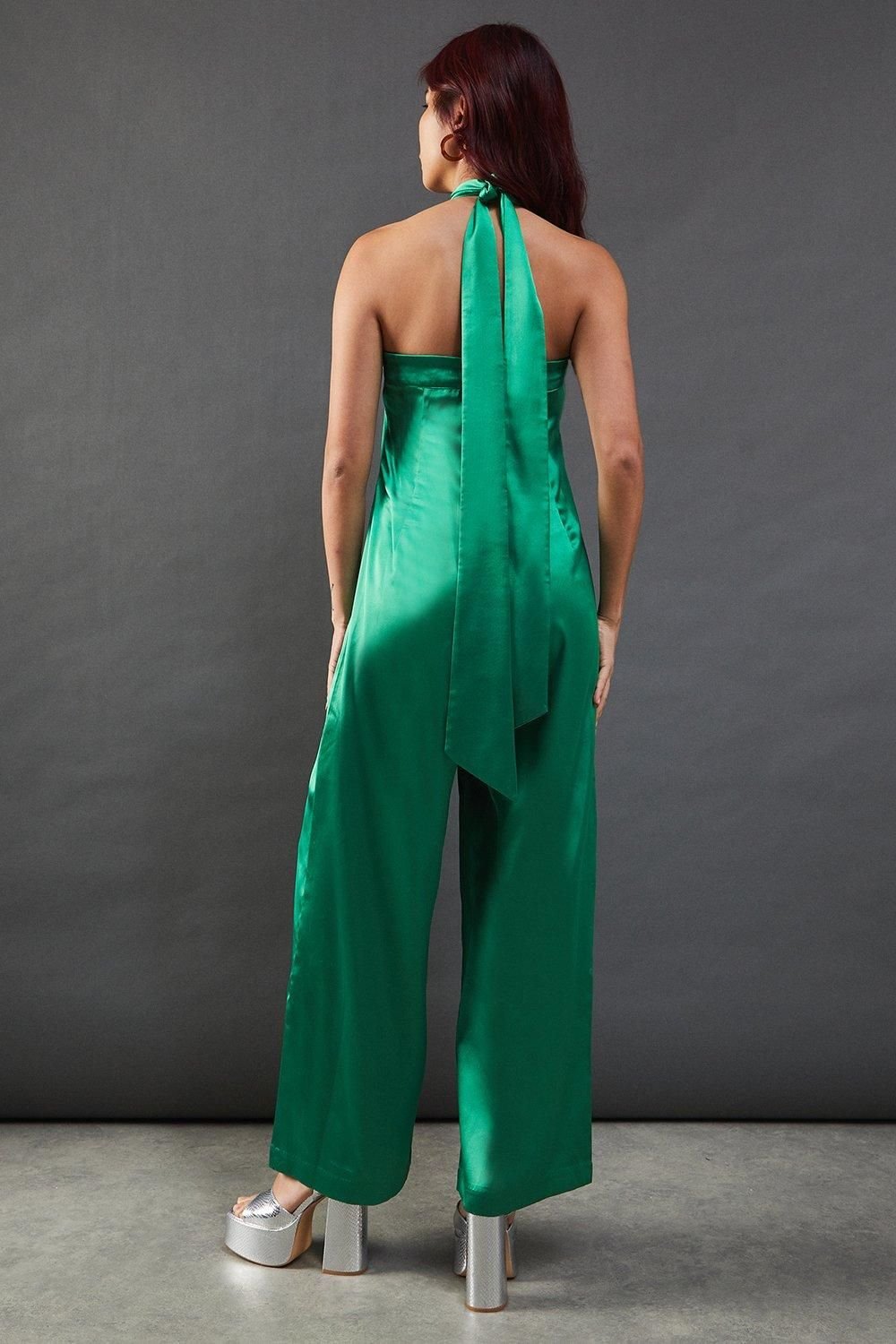 Warehouse Warehouse Women's Satin Halterneck Jumpsuit in Green - 3