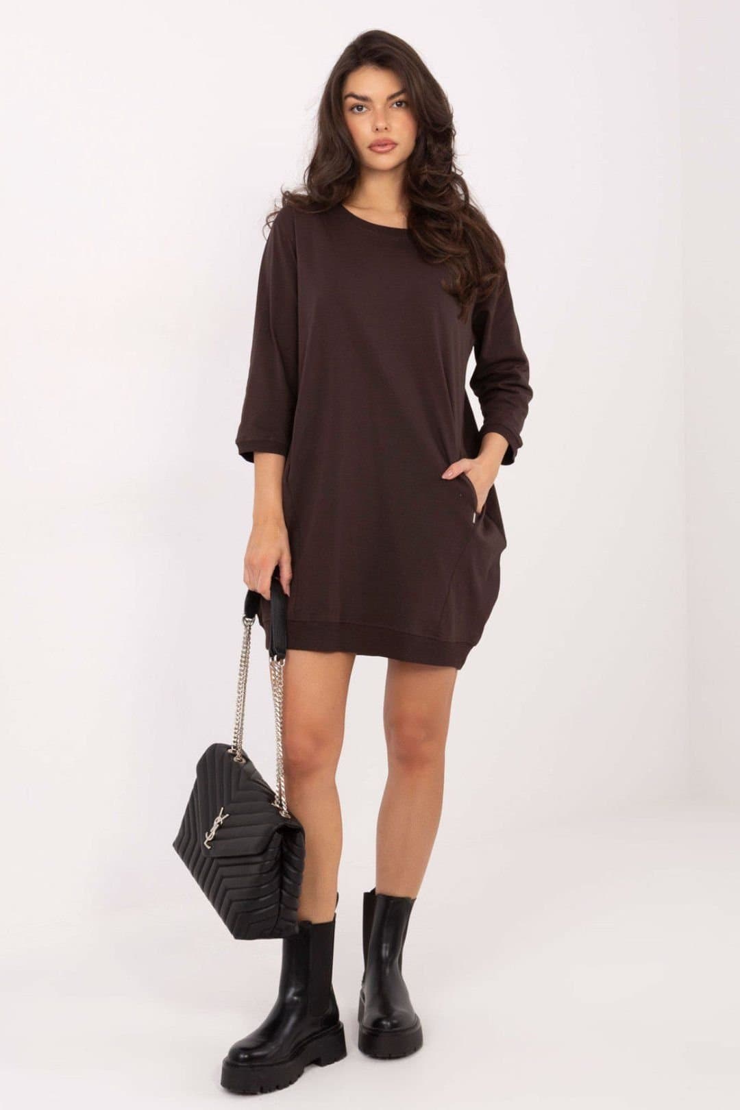 Love Lace Love Lace Women's Casual Cotton Sweatshirt Dress with Pockets in Brown