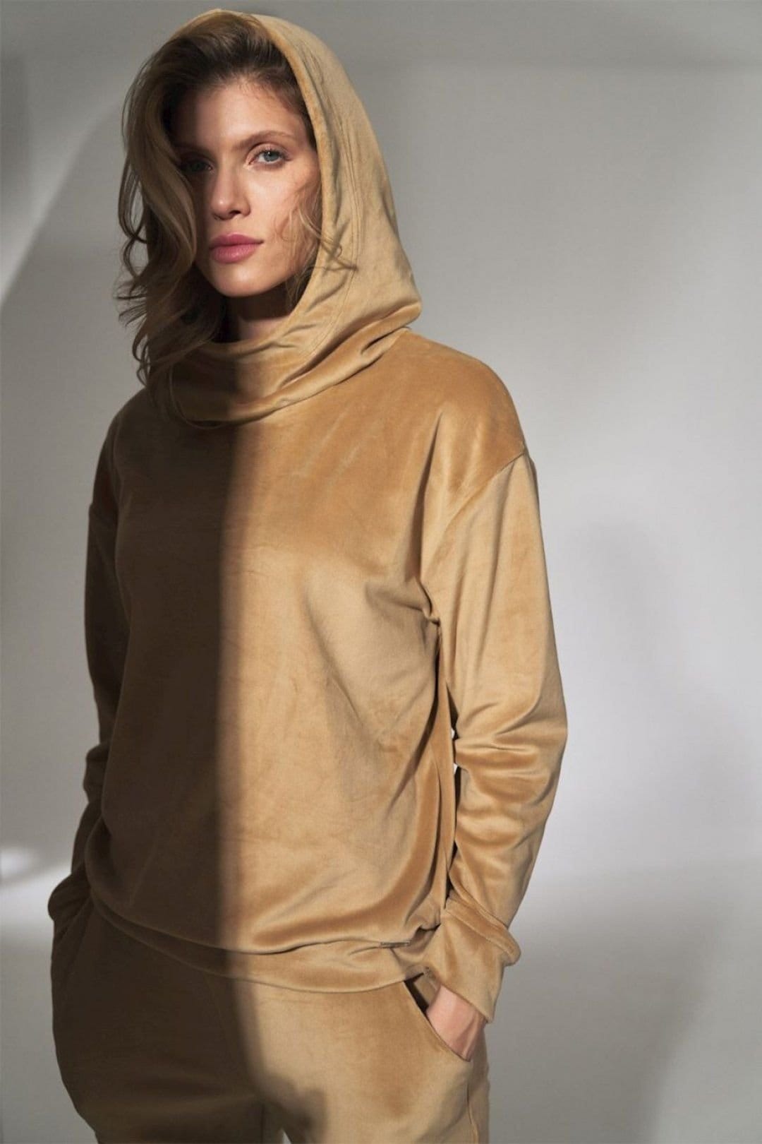Love Lace Beige Velour Hooded Sweatshirt with Stand Collar
