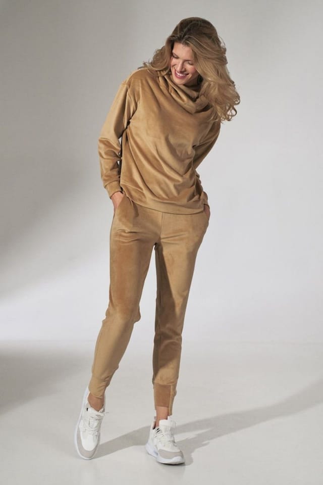 Love Lace Love Lace Women's Beige Velour Hooded Sweatshirt with Stand Collar - 2