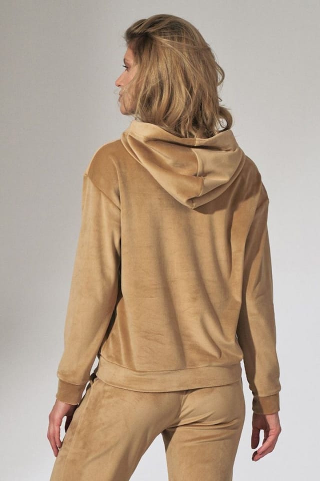 Love Lace Love Lace Women's Beige Velour Hooded Sweatshirt with Stand Collar - 3