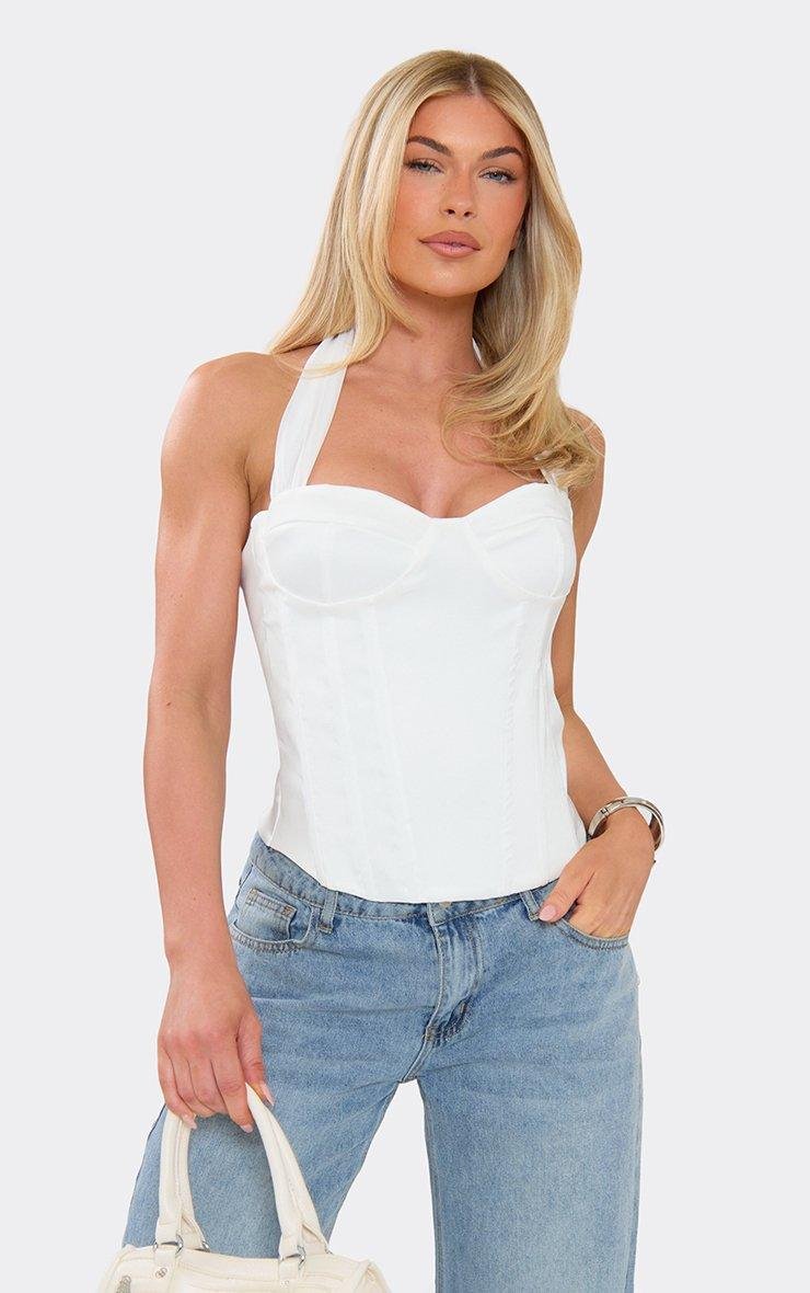 EGO Contrast Chiffon Halterneck Cupped Corset Top In White, Women's Size UK 6 - 2