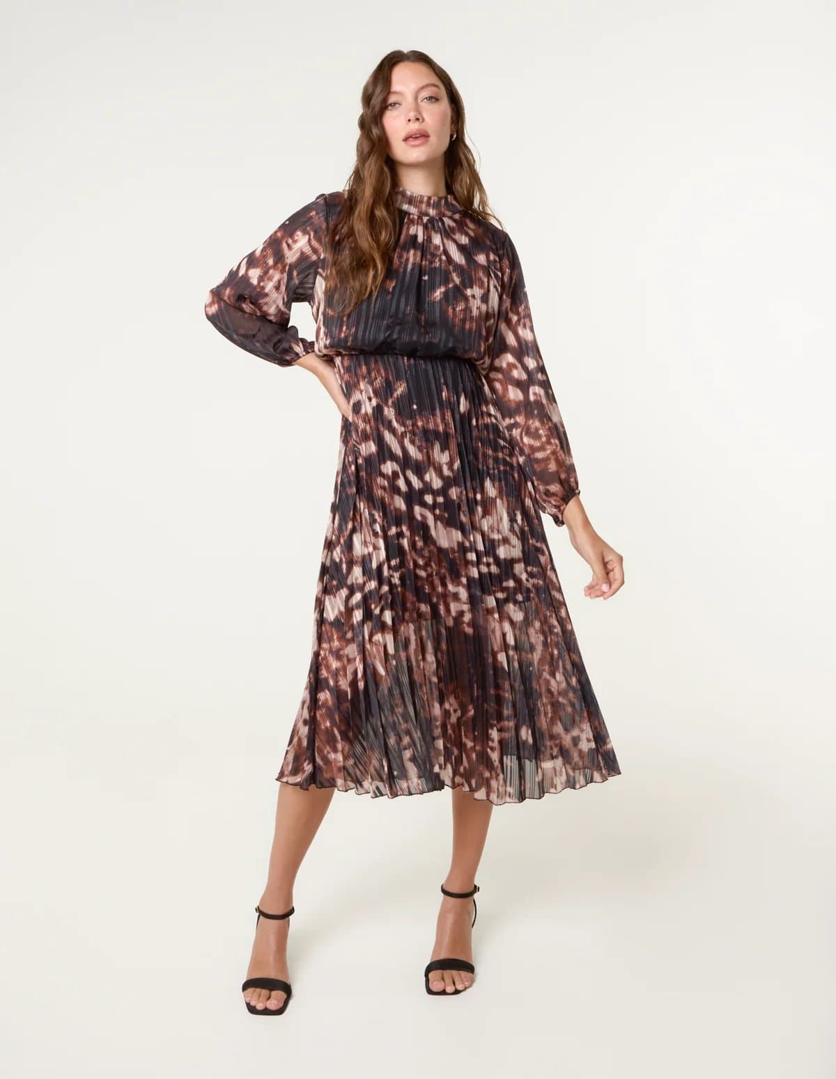 Blue Vanilla High Neck Metallic Pleated Dress