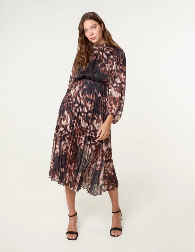 Blue Vanilla High Neck Metallic Pleated Dress - 3