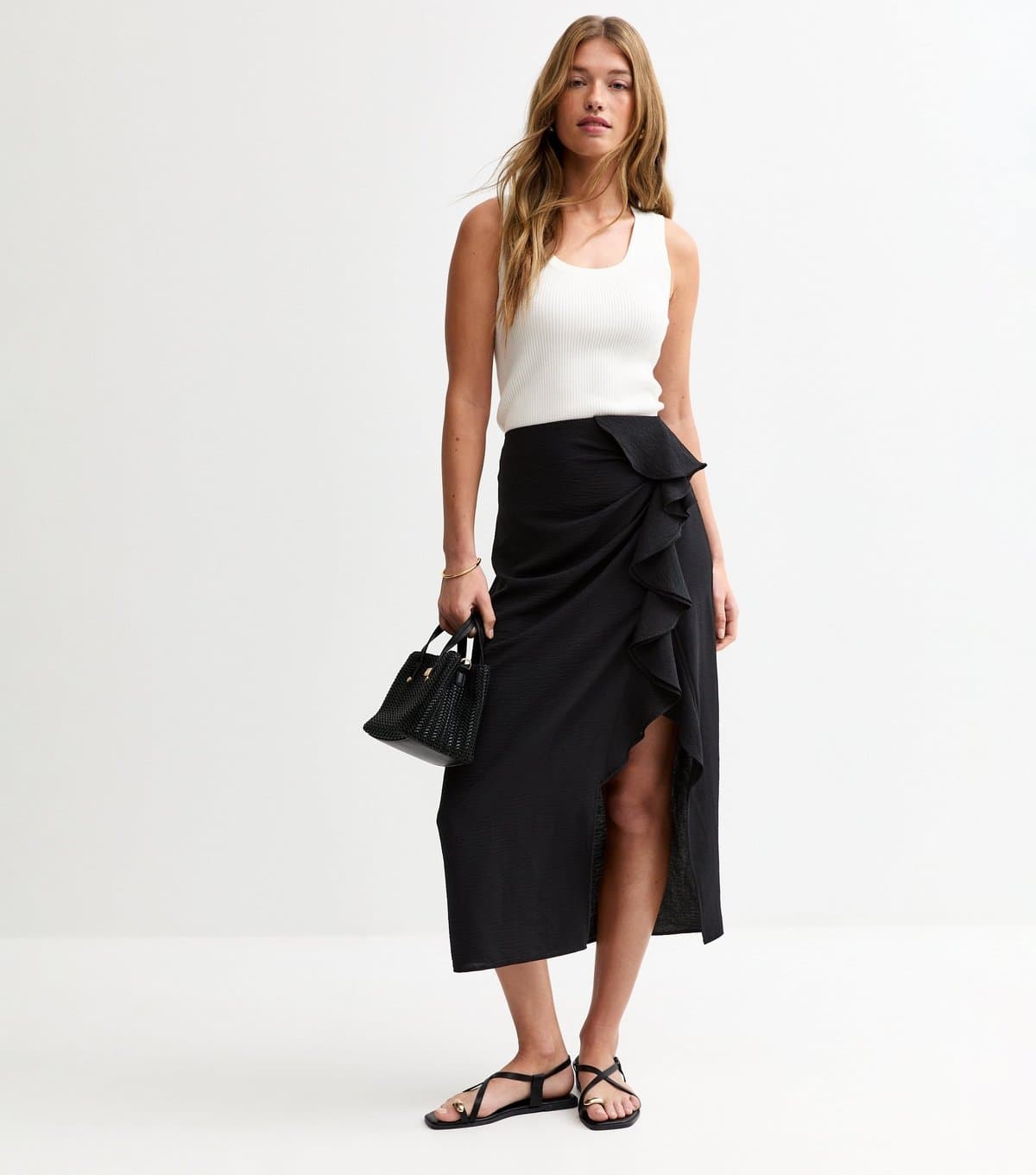 New Look Women's Black Textured Ruffle Side Midi Skirt New Look