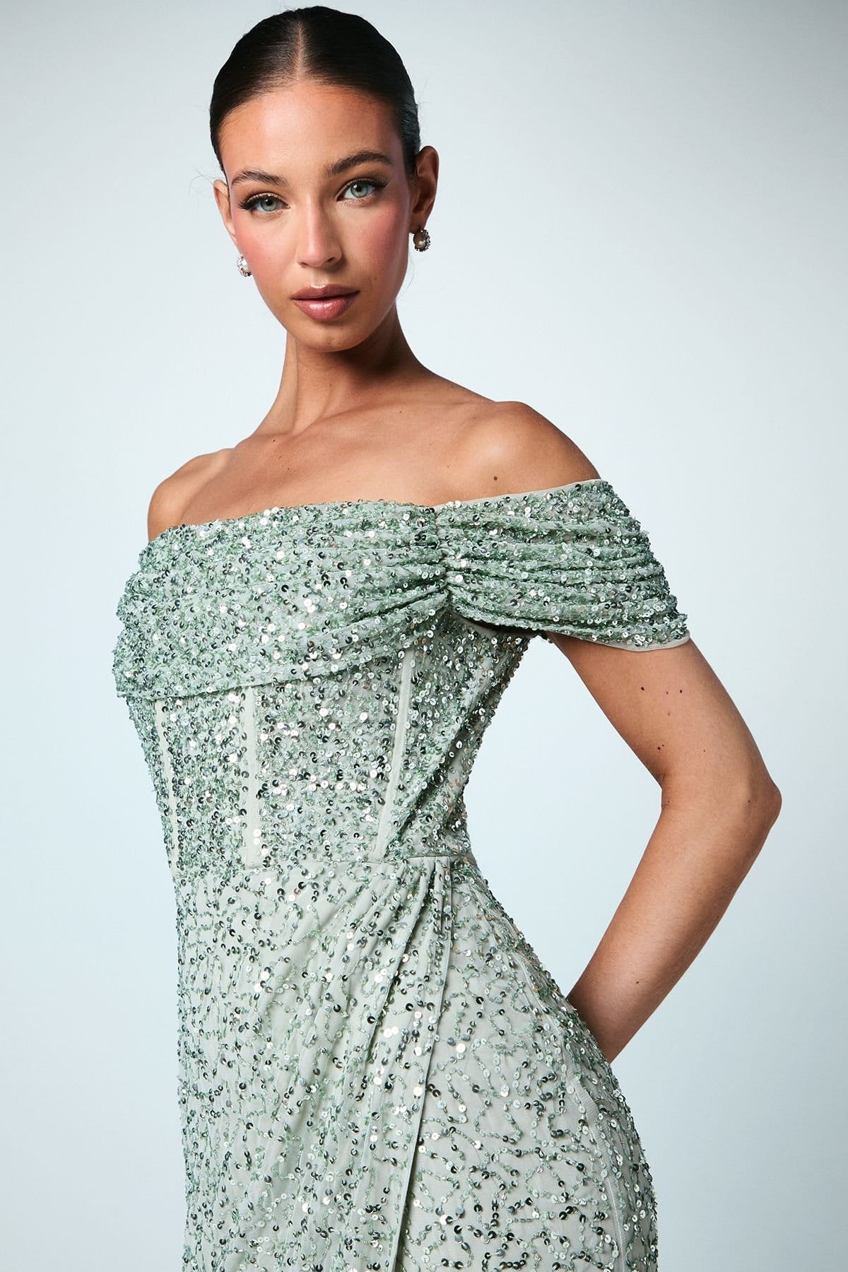 Coast Coast Women's Sequin Bardot Maxi Bridesmaid Dress in Sage - 4