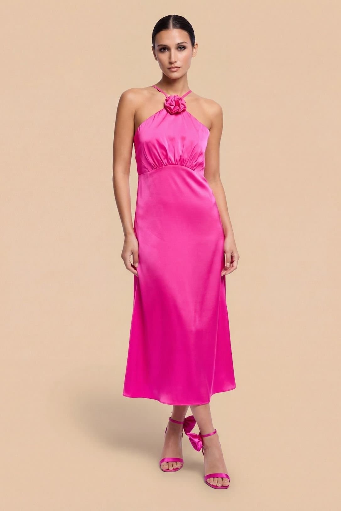 Little Mistress Little Mistress Women's Pink Satin Rosette Midaxi Dress