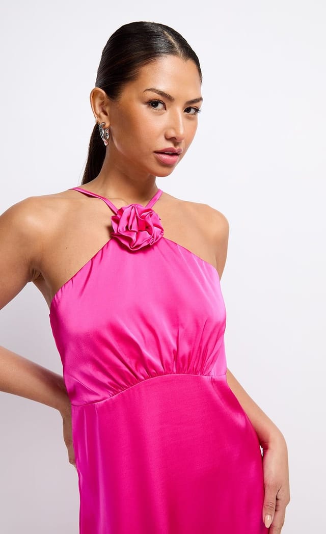 Little Mistress Little Mistress Women's Pink Satin Rosette Midaxi Dress - 3