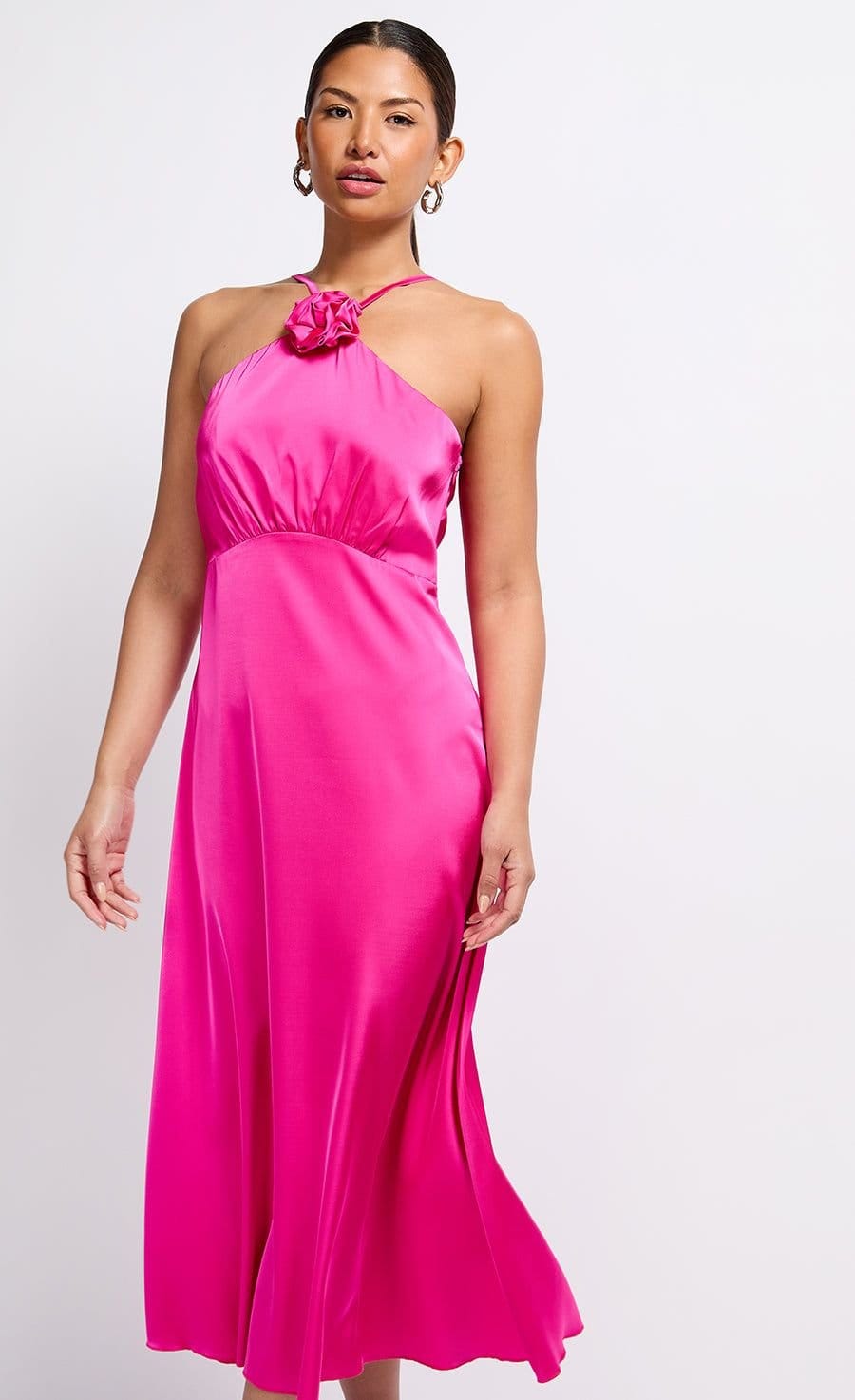 Little Mistress Little Mistress Women's Pink Satin Rosette Midaxi Dress - 4