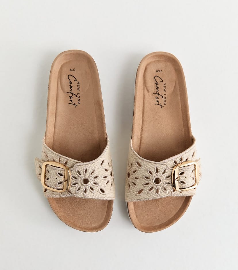 New Look Women's Off White Floral Embroidered Flat Mule Sandals Vegan New Look - 1