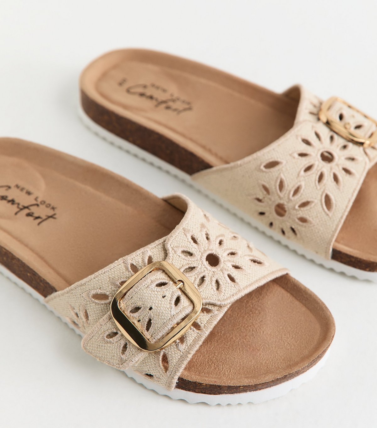 New Look Women's Off White Floral Embroidered Flat Mule Sandals Vegan New Look - 3