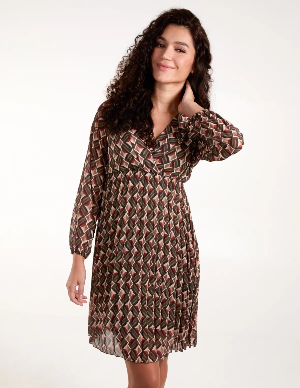 Blue Vanilla Geometric Print Wrap Front Pleated Dress