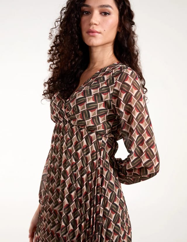 Blue Vanilla Geometric Print Wrap Front Pleated Dress - 3