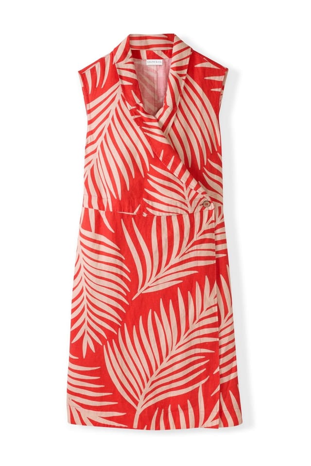Celtic & Co Celtic & Co Women's Linen Sleeveless Printed Wrap Dress in Coral - 2