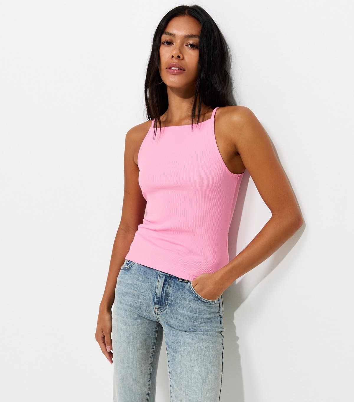 New Look Women's Bright Pink Cotton Rich Ribbed Jersey Vest Top New Look