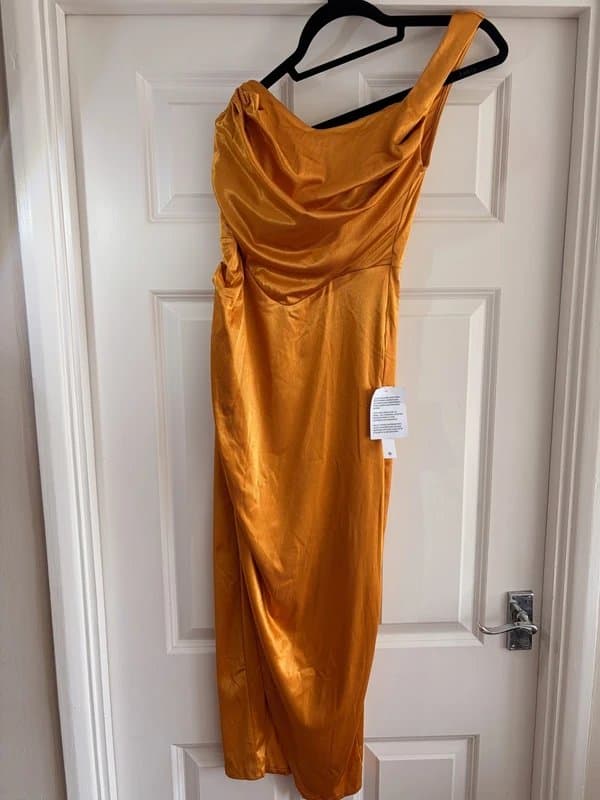 ASOS Design ASOS Design Tall One Shoulder Satin Drape Corset Detail Midi Dress – Mustard – Size 10